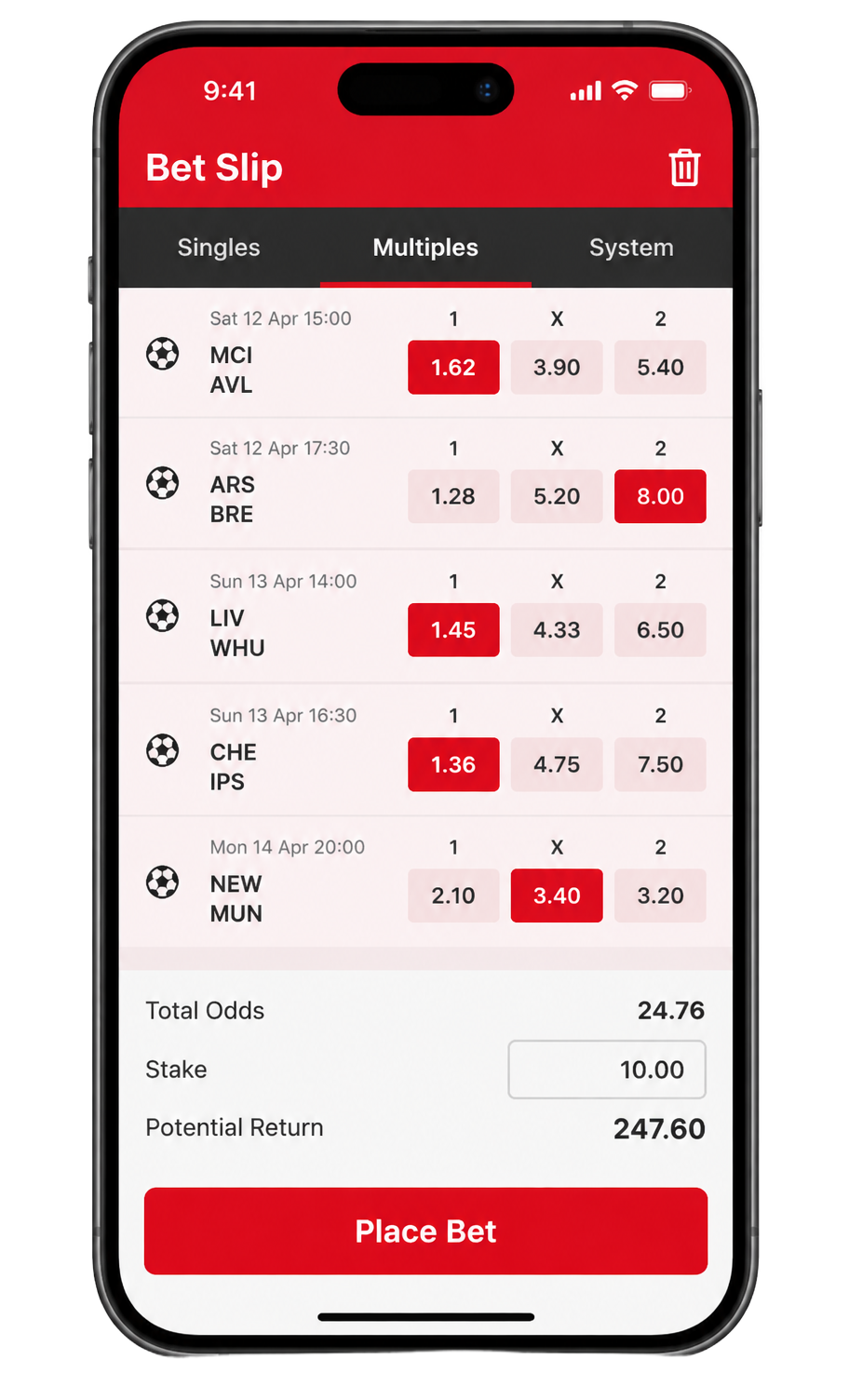 Football slip displayed on a phone